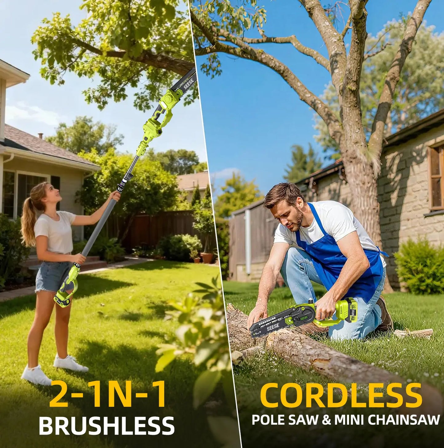 2 Tools in 1 Power Beast!  Brushless 8" Mini Chainsaw + Pole Saw