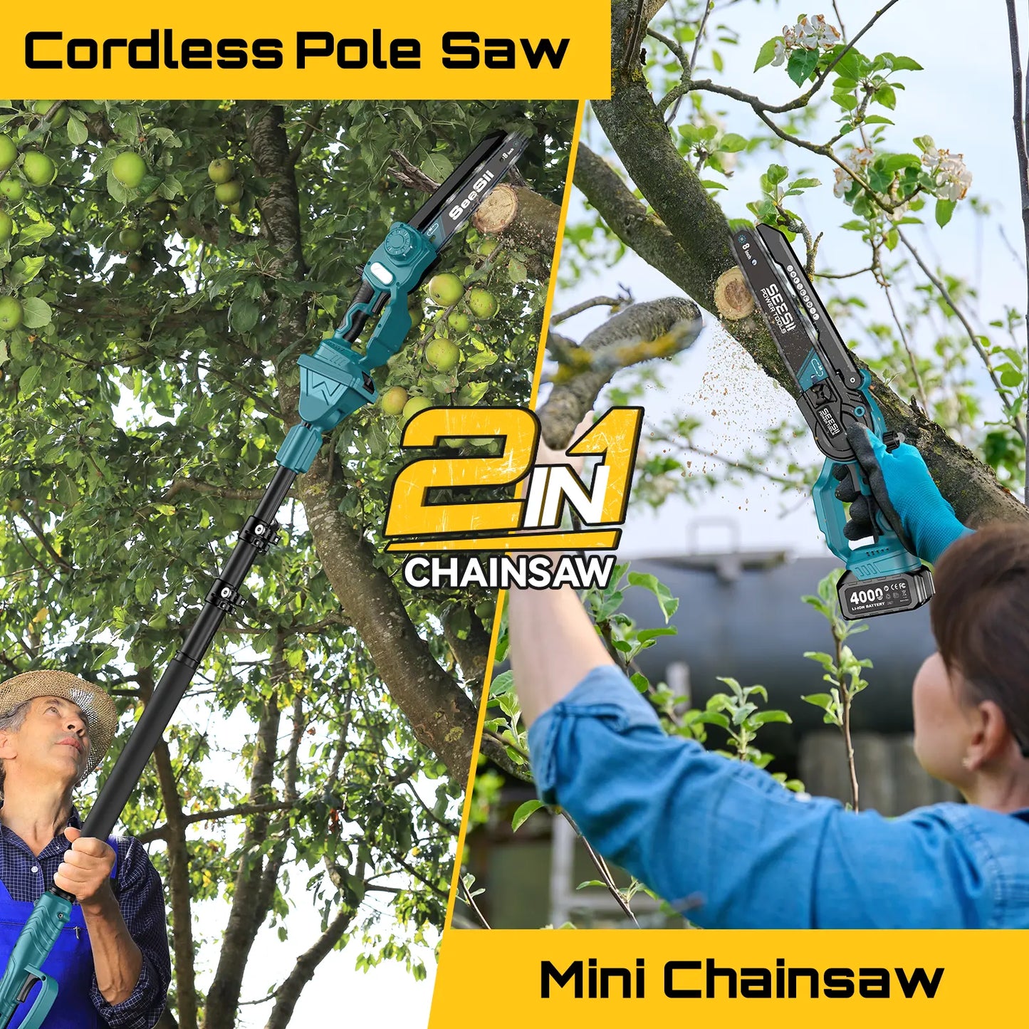 Cordless 2-in-1 Mini Chainsaw & Pole Saw, Portable Tree Trimming Tool