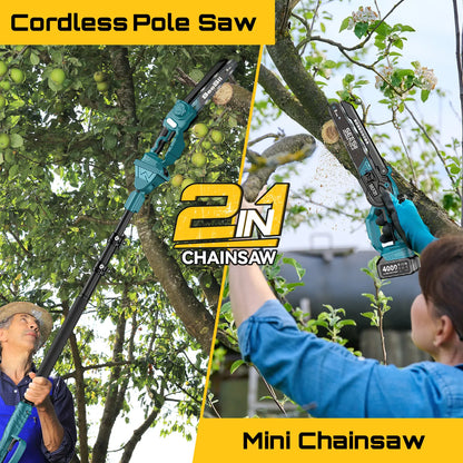 Cordless 2-in-1 Mini Chainsaw & Pole Saw, Portable Tree Trimming Tool